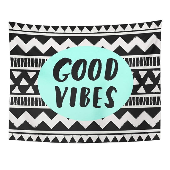 REFRED Hand Lettered Inspirational Quote Good Vibes Only Neon Blue Colored Circle Tribal Geometric Pattern Modern Wall Art Hanging Tapestry Home Decor for Living Room Bedroom Dorm 51x60 inch