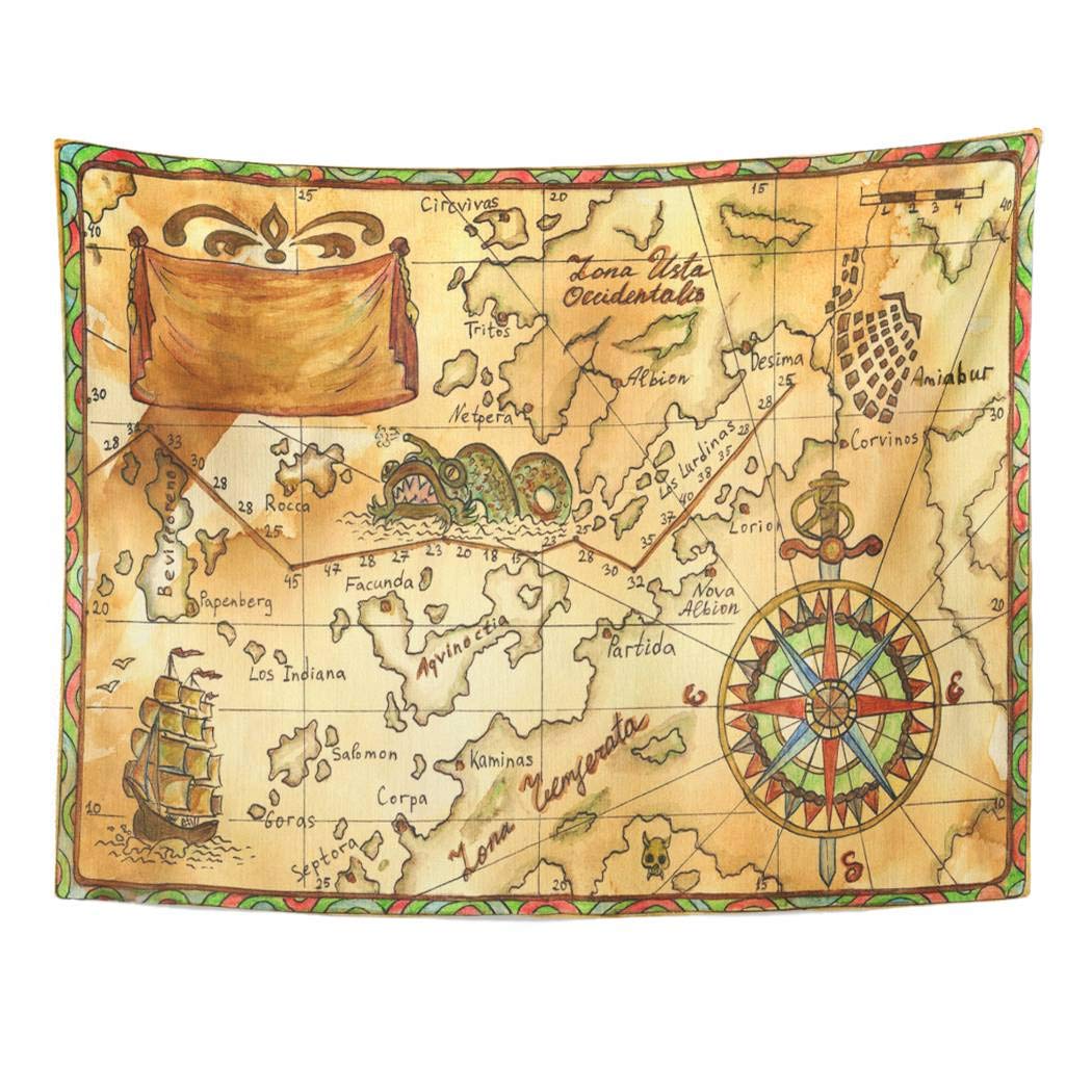 REFRED Medieval Old Pirate Map Continents and Islands Sailing Ship Rose ...