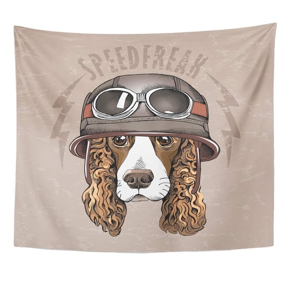 REFRED Moto Black Cartoon Portrait Spaniel Dog in Retro Biker Helmet Cocker Motorcycle Wall Art Hanging Tapestry Home Decor for Living Room Bedroom Dorm 60x80 inch