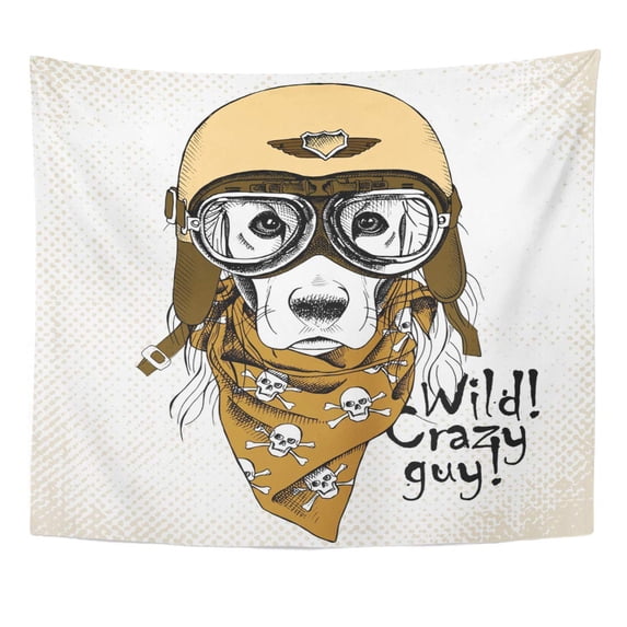 REFRED Motorcycle Portrait Dog Wearing The Retro Motorcyclist Helmet and Neckerchief with Images Skull Biker Wall Art Hanging Tapestry Home Decor for Living Room Bedroom Dorm 60x80 inch