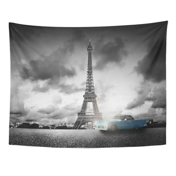 REFRED Old Artistic Effel Tower Paris France and Retro Car Black White Vintage Architecture Wall Art Hanging Tapestry Home Decor for Living Room Bedroom Dorm 60x80 inch