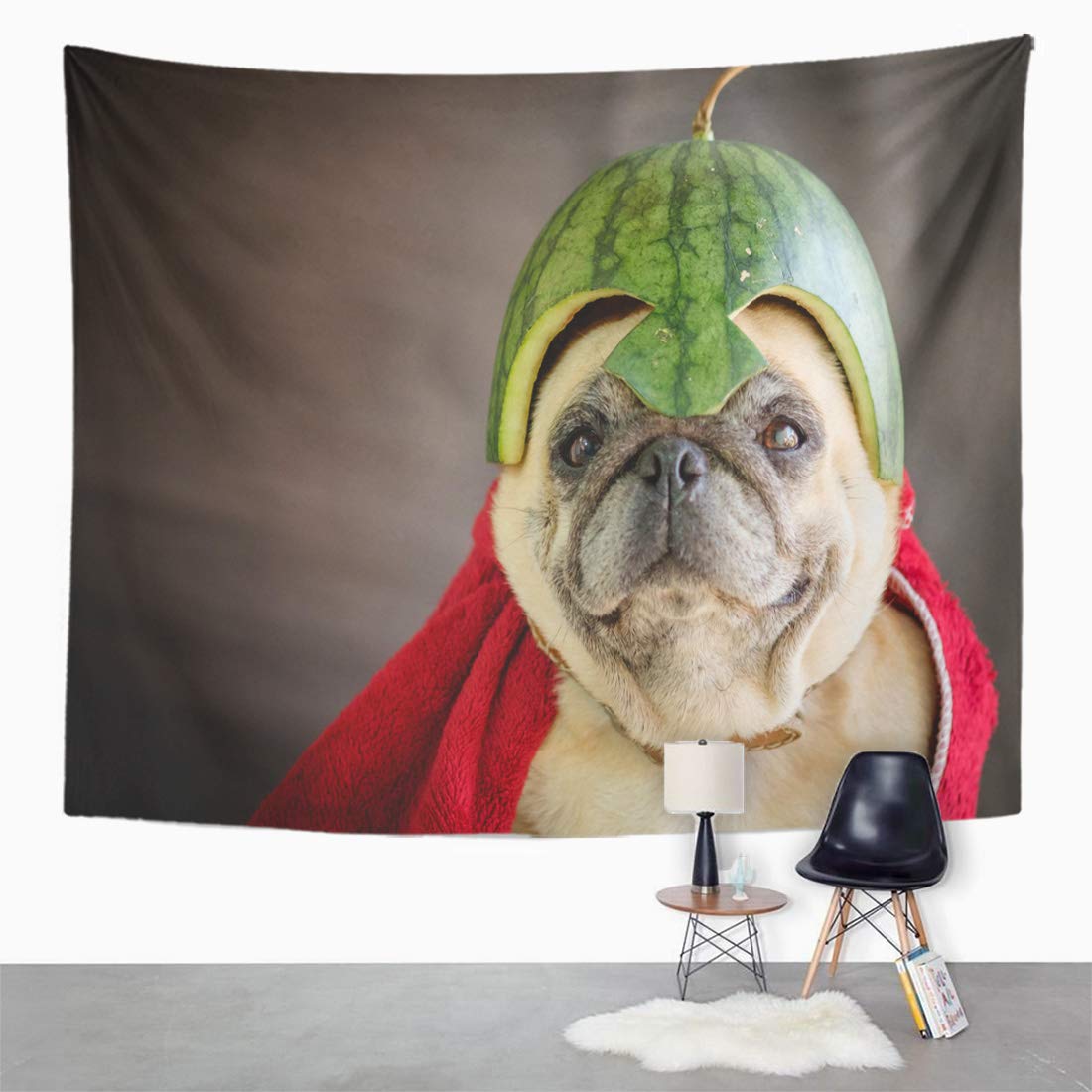 REFRED Red Funny Pug Wearing Watermelon Helmet The Hero Wall Art Hanging Tapestry Home Decor for