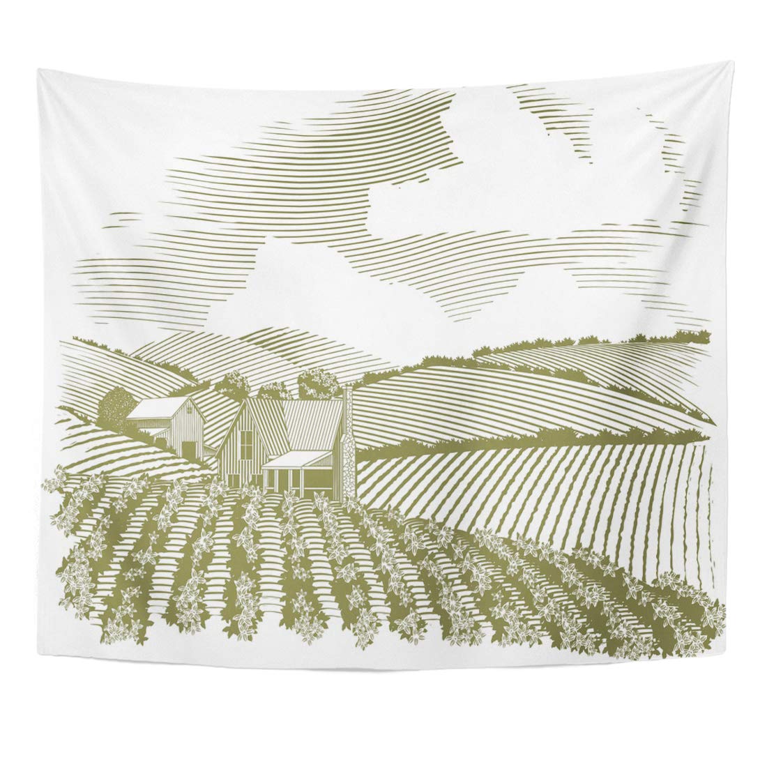 REFRED Sky Landscape Woodcut Style Rural Farm House with Fields Crops