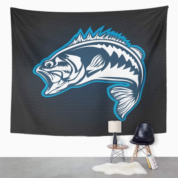 REFRED Vintage Fishing Bass Fish Rod Club Emblem White Wall Art Hanging Tapestry Home Decor for Living Room Bedroom Dorm 60x80 inch
