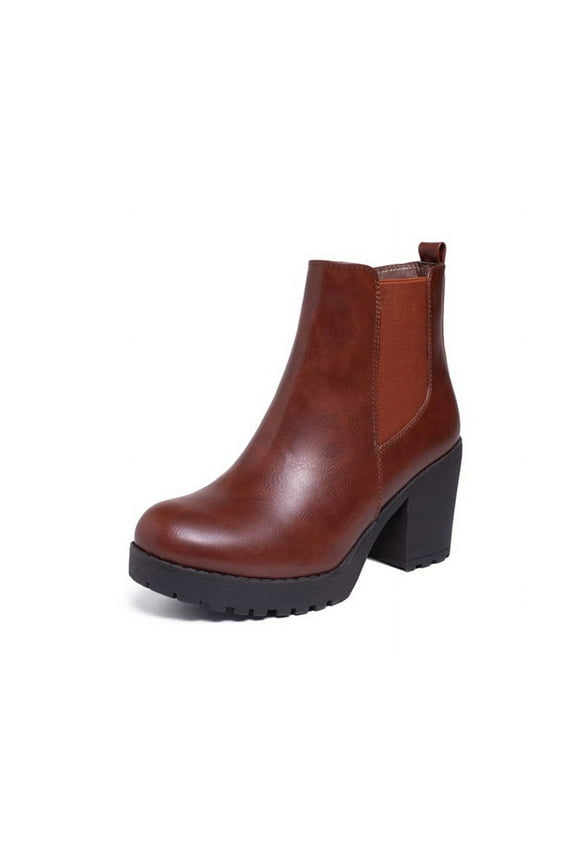 CLUB-01 Women's Slip On Chunky Block Heeled Rounded Toe Ankle Boots (Cognac Tan, 6)
