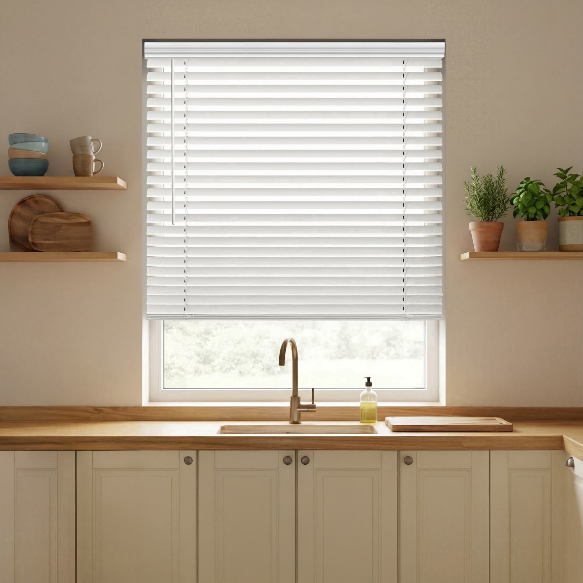 Regal Estate Faux Wood Blinds, Cordless 2 Inch Faux Wood Blinds for Windows, Moisture Resistant Faux Blinds, 62" W x 60" H, White
