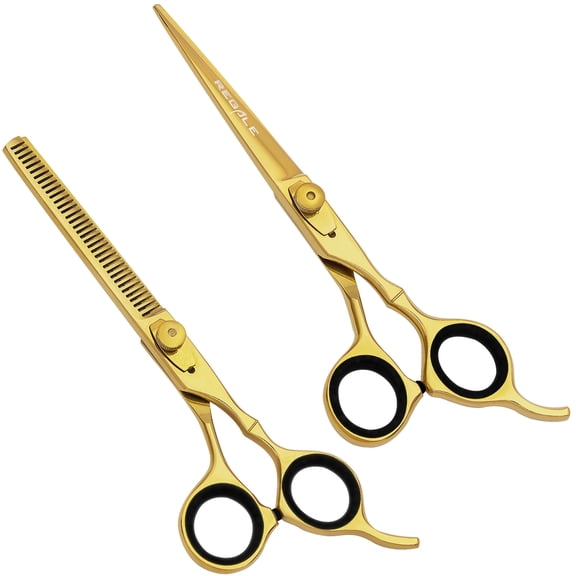 REGALE 7" Titanium Gold Hair Cutting Scissors Thinning Shears Kit Set, Professional Barber Hairdressing Texturizing Salon Razor Edge Scissor Japanese Stainless Steel