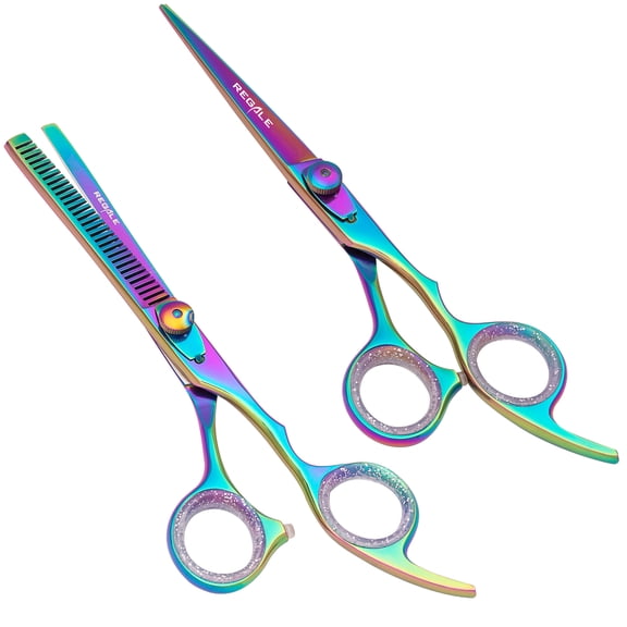 REGALE 7" Titanium Rainbow Hair Cutting Scissors Thinning Shears Kit Set, Professional Barber Hairdressing Texturizing Salon Razor Edge Scissor Japanese Stainless Steel