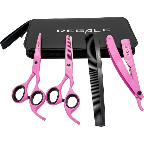REGALE Professional Barber Kit 4-Piece Pink Hair Cutting & Thinning Shear Set with Straight Razor, Comb & Case