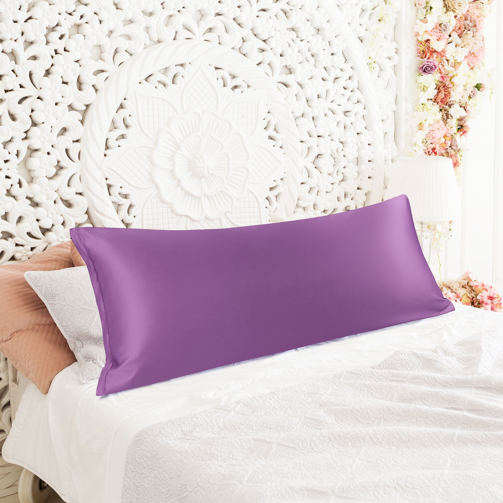 REGALWOVEN 1 Pack Silky Satin Body Pillowcase with Zipper Closure Purple 21 x 60