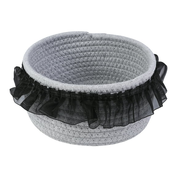 REGALWOVEN 1 Pack Woven Storage Basket, Shelf Closet Storage Bin with Lace Trim for Key Tray Bowl for Entryway Desk, Catchall Home Decor Gray/Black 6.9*5.9*3.5in
