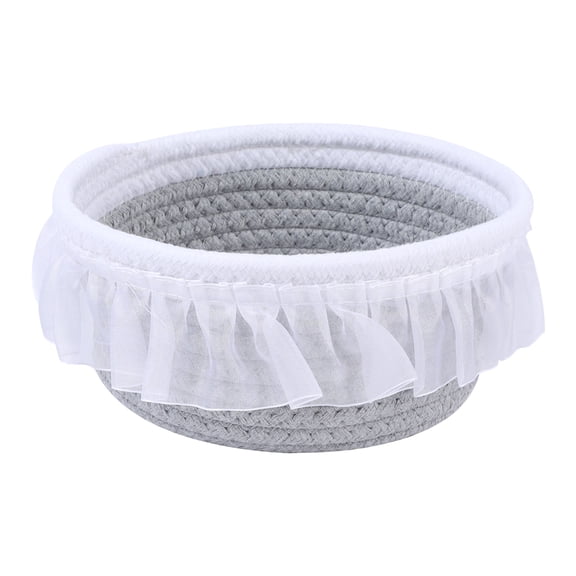 REGALWOVEN 1 Pack Woven Storage Basket, Shelf Closet Storage Bin with Lace Trim for Key Tray Bowl for Entryway Desk, Catchall Home Decor Gray/White 6.9*5.9*3.5in
