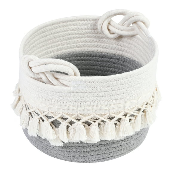 REGALWOVEN 1 Pack Woven Storage Basket, Shelf Closet Storage Bin with Tassel for Key Tray Bowl for Entryway Desk, Catchall Home Decor Light Gray 9.4*6.7in