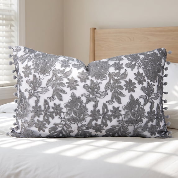 REGALWOVEN 1 Pc Vintage Embroidered Floral Throw Pillow Covers Cushion Cases for Elegant Home Decor and Cozy Living Room Aesthetic Grey 20 x 12 Inch