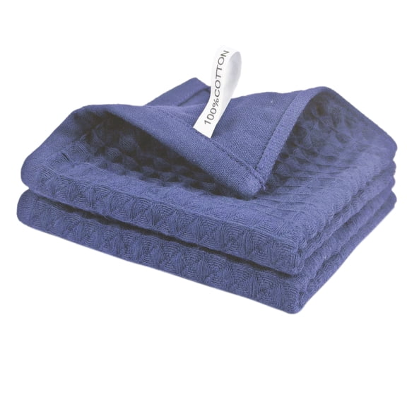 REGALWOVEN 100% Cotton Waffle Weave Kitchen Towels, 2 Pack Solid Color Dish Cloths with Hanging Loop Blue 12" x 12"