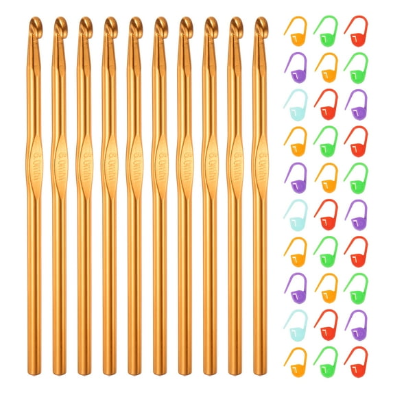 REGALWOVEN 10Pcs Crochet Hook 6mm Knitting Needles with 30Pcs Stitch Markers Gold