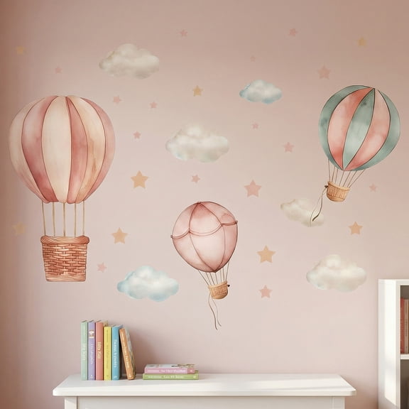 REGALWOVEN 120 PCS Self Adhesive Wall Stickers, Hot Air Balloon Cloud Pattern, Reusable for Room, Bedroom, Classroom Pink 35.4" x 11.8"