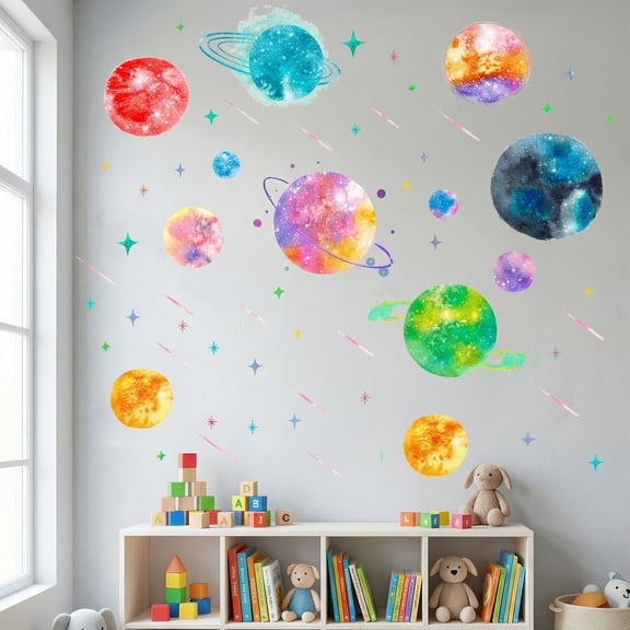 REGALWOVEN 124 Pcs Space Wall Decals for Ceiling, Glowing Planets Wall Stickers Removable Glowing Wall Stickers Boys Living Room Planets 15.0" x 11.0"