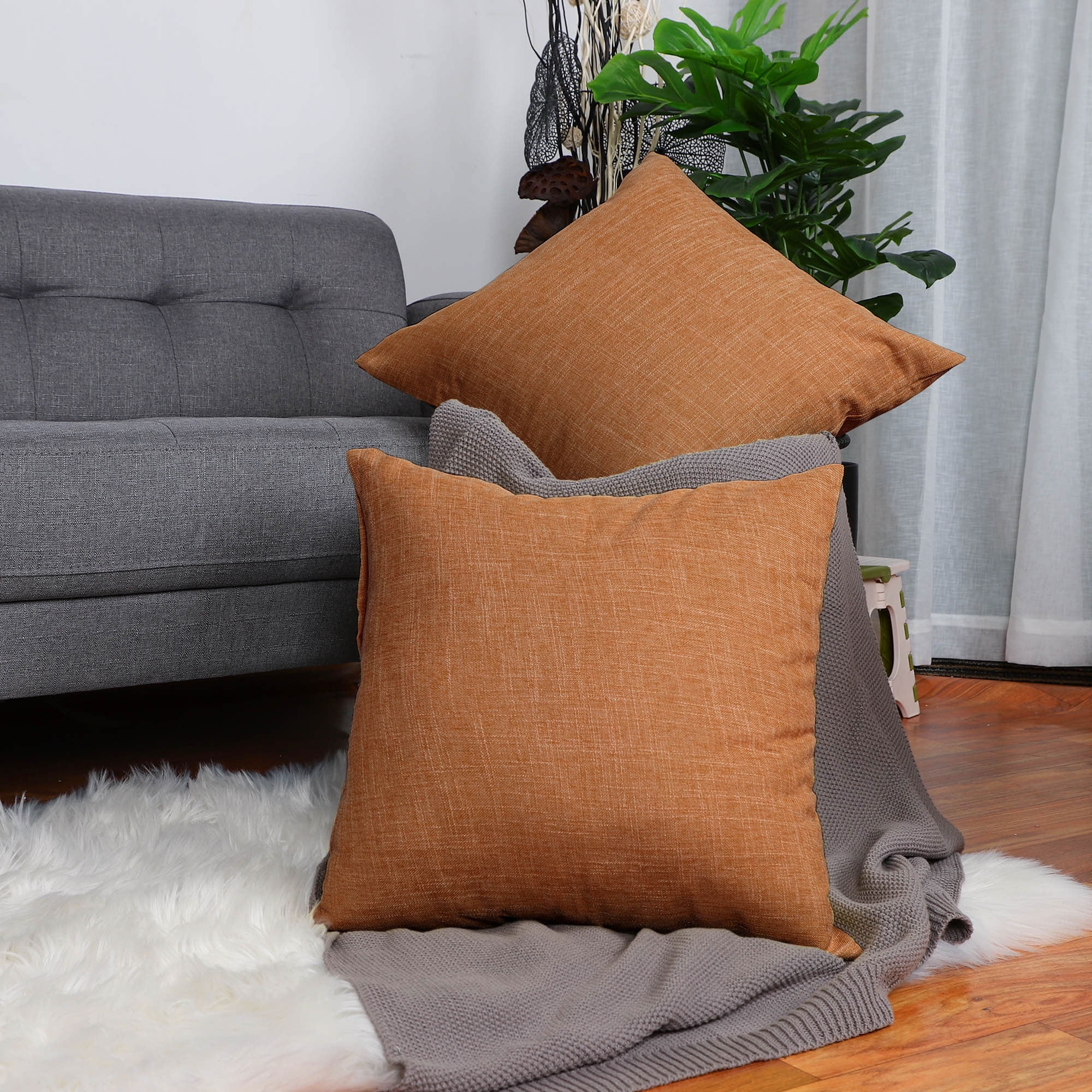 Orange Cotton Linen Euro Throw Pillow Covers Set of 2