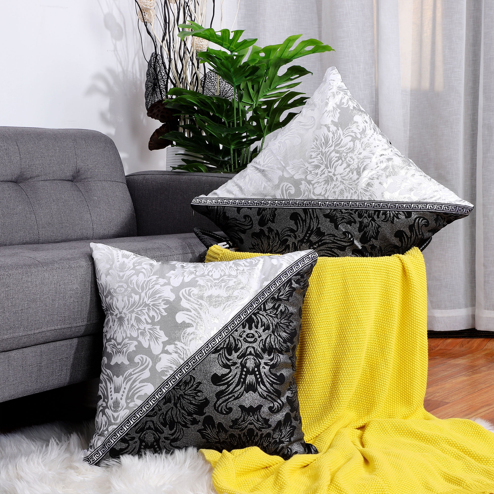 18" Black and Silver Polyester Euro Square Pillow Covers