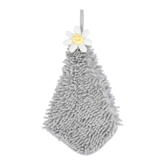 REGALWOVEN 2 Pack Cute Flower Chenille Hanging Hand Towels, Soft Absorbent, Quick Dry Decorative Towels for Kitchen, Bathroom Grey 12" x 12"