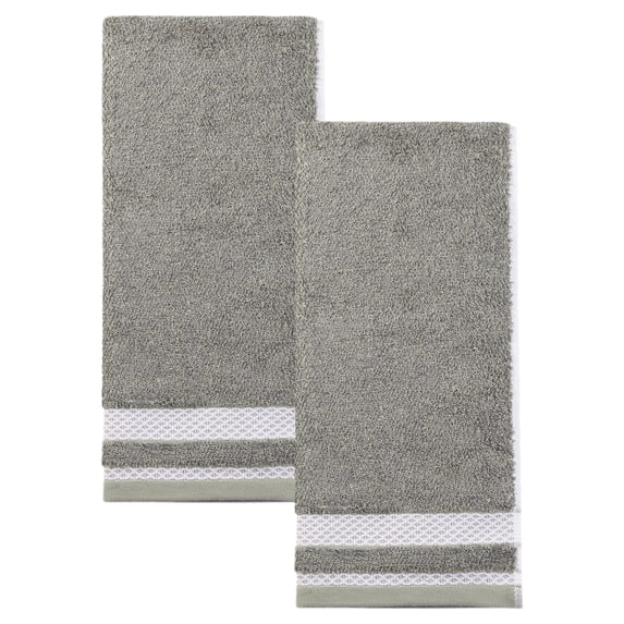 REGALWOVEN 2 Pack Pure Cotton Hand Towels with Textured Stripe Border, Soft Absorbent Quick Drying Decorative Towel Set for Bathroom Grey 29" x 13"