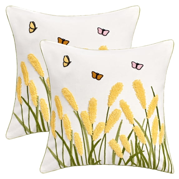 REGALWOVEN 2 Packs Cotton Boho Decorative Throw Pillow Covers Plant Embroidery Soft Square Pillowcase for Sofa Bedroom Living Room Yellow 18" x 18"