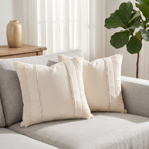 REGALWOVEN 2 Pcs Decorative Boho Throw Pillow Cover, Modern Textured Tufted Pillow Cover Striped for Couch Bed Sofa Beige 18" x 18"