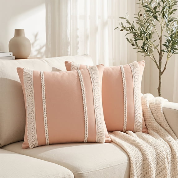 REGALWOVEN 2 Pcs Decorative Boho Throw Pillow Cover, Modern Textured Tufted Pillow Cover Striped for Couch Bed Sofa Pink 18" x 18"
