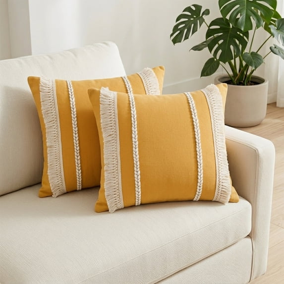 REGALWOVEN 2 Pcs Decorative Boho Throw Pillow Cover, Modern Textured Tufted Pillow Cover Striped for Couch Bed Sofa Yellow 18" x 18"