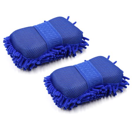 REGALWOVEN 2 Pcs Universal Blue Elastic Microfiber Chenille Wash Brush Sponge Pad Cleaner Car Cleaning Tool