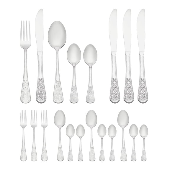 REGALWOVEN 20 Piece Silverware Set, Stainless Steel Floral Dinner Flatware, Set for 4 Modern Cutlery Set Includes Knife Forks Spoons Silver 20