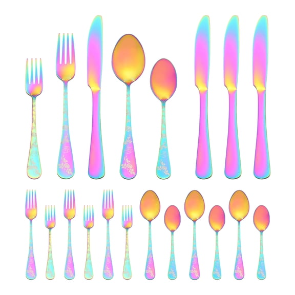 REGALWOVEN 20 Piece Silverware Set, Stainless Steel Floral Flatware Set for 4, Cutlery Set Includes Dinner Knife Forks Spoons and Tea Forks Colorful 20