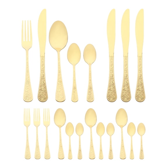 REGALWOVEN 20 Piece Silverware Set, Stainless Steel Floral Flatware Set for 4, Modern Cutlery Set Includes Knife Forks Spoons Gold 20