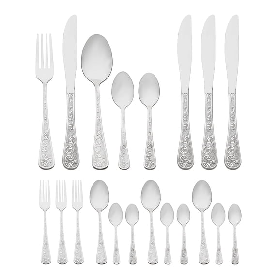 REGALWOVEN 20 Piece Silverware Set, Stainless Steel Floral Flatware Set for 4, Modern Cutlery Set Includes Knife Forks Spoons Silver 20