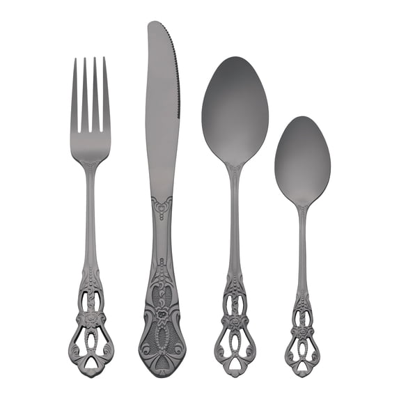 REGALWOVEN 24 Piece Silverware Set, Stainless Steel Floral Flatware Set for 6, Modern Cutlery Set Black 24