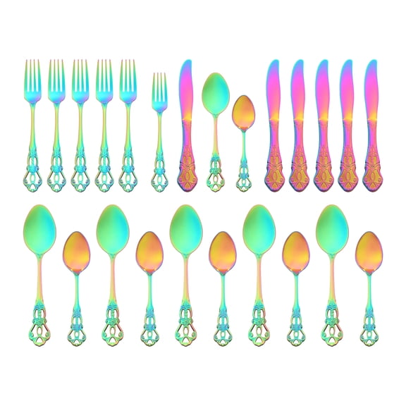 REGALWOVEN 24 Piece Silverware Set, Stainless Steel Floral Flatware Set for 6, Modern Cutlery Set Colorful 24