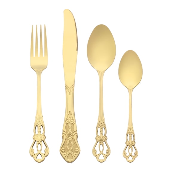 REGALWOVEN 24 Piece Silverware Set, Stainless Steel Floral Flatware Set for 6, Modern Cutlery Set Gold 24