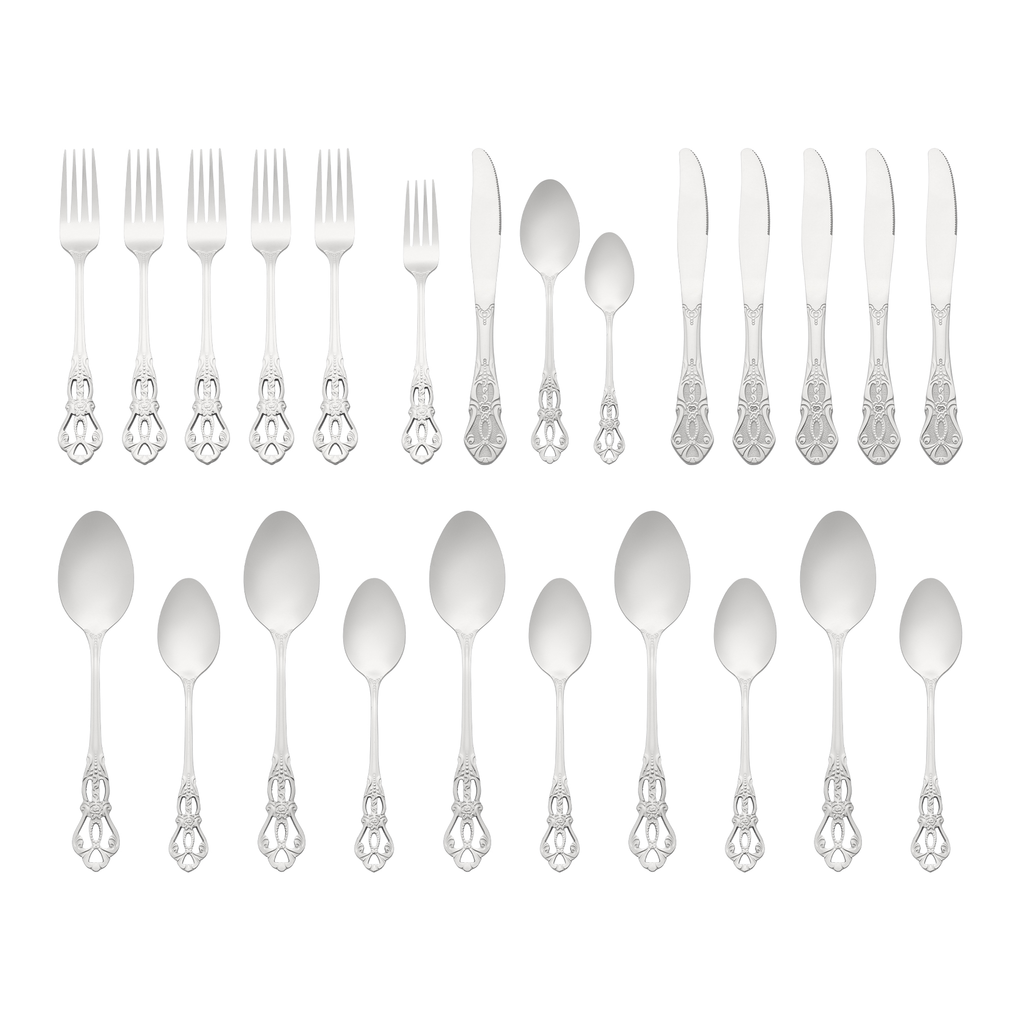 REGALWOVEN 24 Piece Silverware Set, Stainless Steel Floral Flatware Set for 6, Modern Cutlery Set Silver 24
