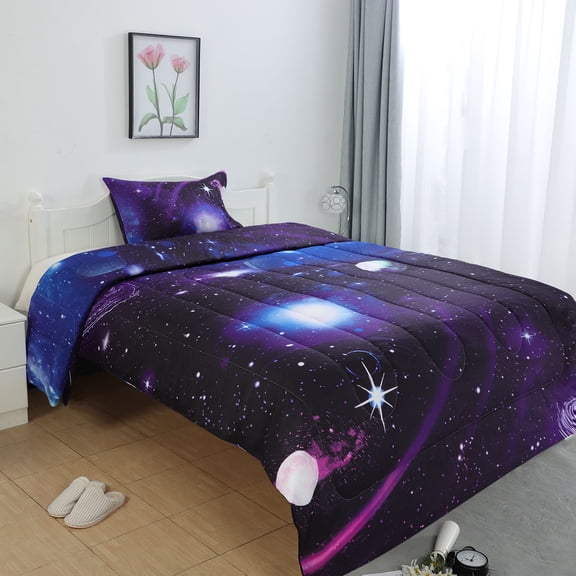 REGALWOVEN 2Pcs Galaxies Comforter Set Polyester All-Season Comforter with Pillowcase, Purple Twin