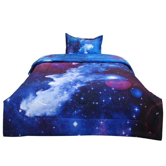 REGALWOVEN 2Pcs Polyester Comforter Set, All Season Bedding Set, Galaxies Twin Dark Blue