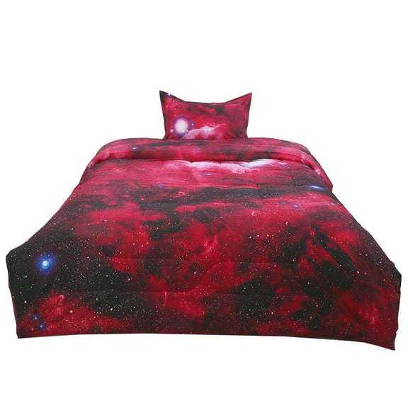 REGALWOVEN 2Pcs Polyester Comforter Set All Season Quilted Set, Galaxies Red Twin