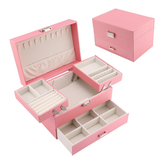 REGALWOVEN 3 Layer Jewelry Box for Women Girls Birthday Gifts, PU Leather Jewelry Organizer Case Storage Display Holder with Drawer Pink 9*6*5.5in