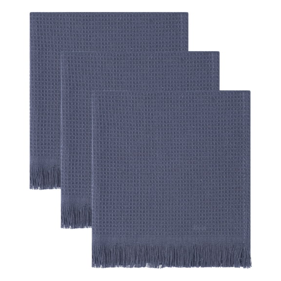 REGALWOVEN 3 Pack 100% Cotton Waffle Weave Cleaning Cloths, Fringed Edge Dish Towels Dark Grey 14" x 14"