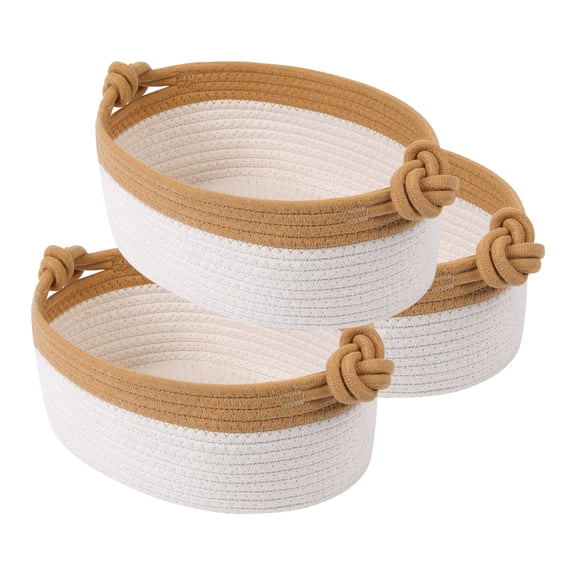 REGALWOVEN 3 Packs Woven Storage Basket, Shelf Closet Storage Bin with Handles for Key Tray Bowl for Entryway Desk, Catchall Home Decor Khaki 14.2*8.7*5.9in