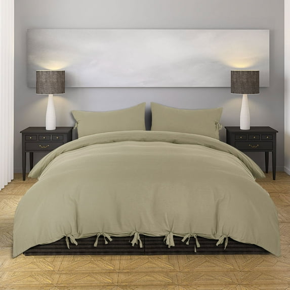 REGALWOVEN 3 Piece Bow Tie Duvet Cover Bedding Set with 2 Pillowcases King Khaki