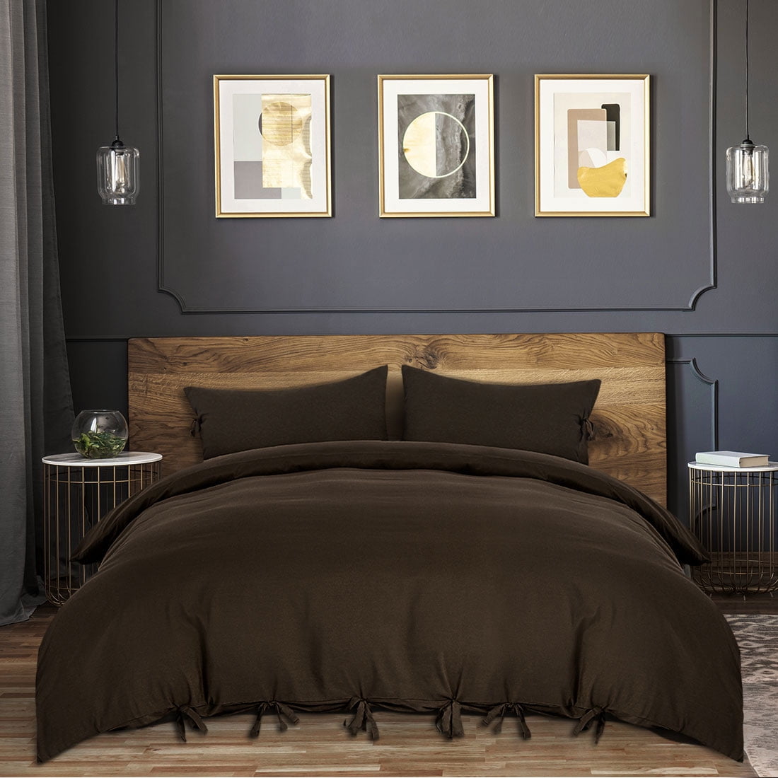 REGALWOVEN 3 Piece Bow Tie Duvet Cover Bedding Set with 2 Pillowcases Twin Dark Brown