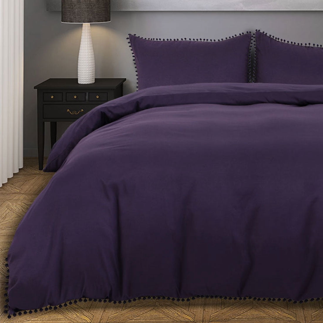 REGALWOVEN 3-Piece Duvet Cover Set with Pompoms Tassel, Queen Dark Purple