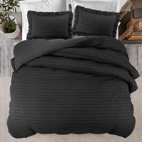 REGALWOVEN 3 Pieces Duvet Cover Set, Seersucker Textured Stripe Soft Comforter Cover Set Set Black King