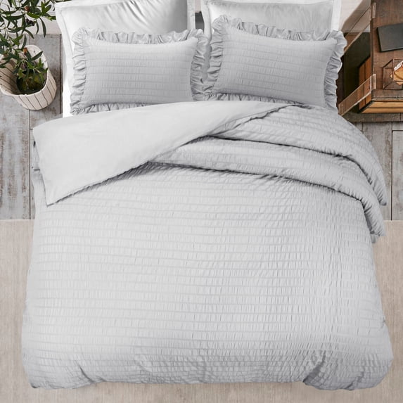 REGALWOVEN 3 Pieces Duvet Cover Set, Seersucker Textured Stripe Soft Comforter Cover Set Set Light Grey King